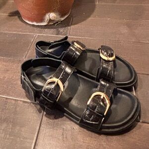 Black Leather Double-Buckle Sandals with Gold Hardware